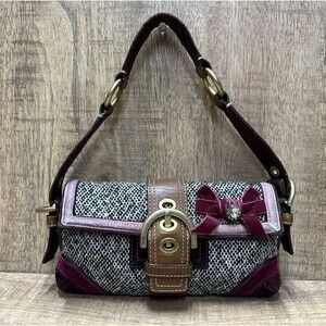 Coach Vintage 8F01 multicolor tweed suede leather soho Y2K shoulder bag with bow